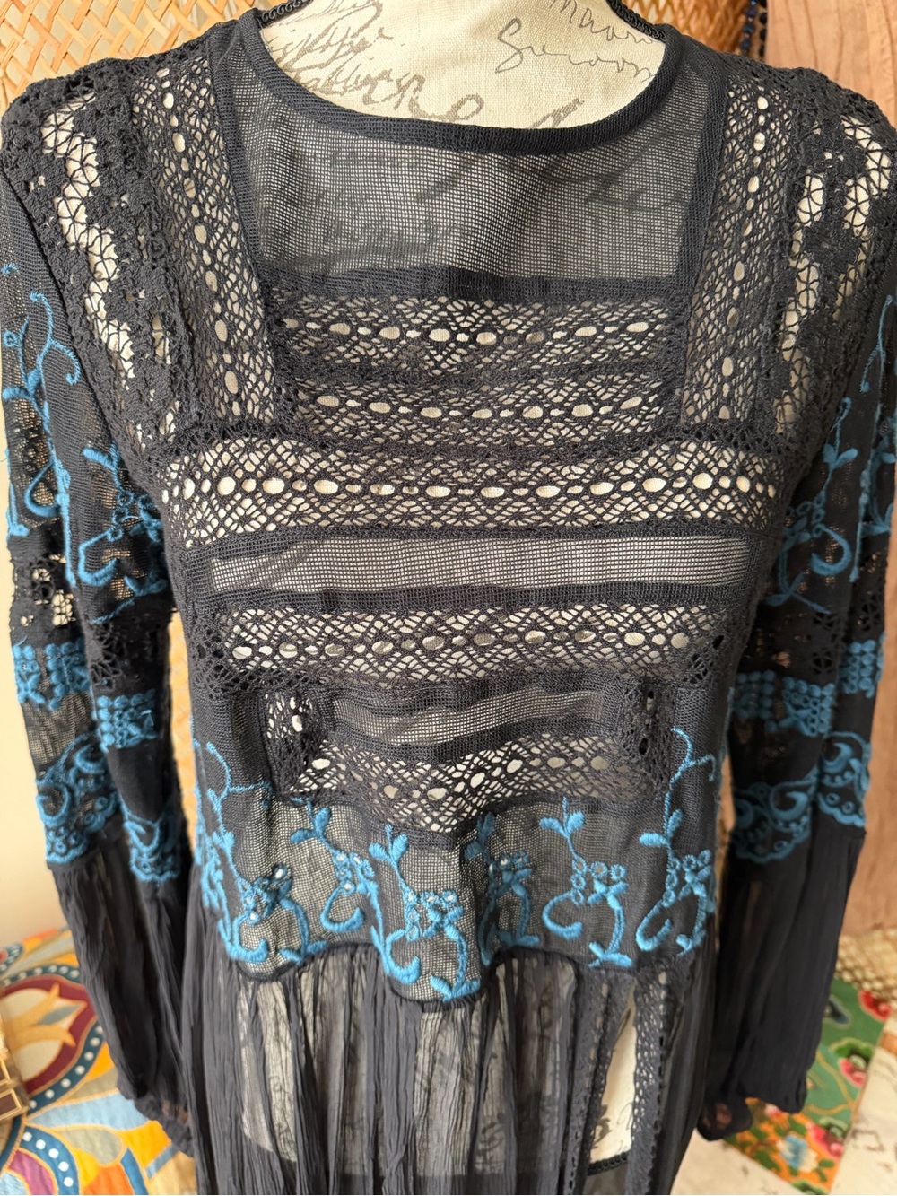 Free People Long Black Tunic Sweet Sunny Days Embroidered Top - Picture 12 of 16